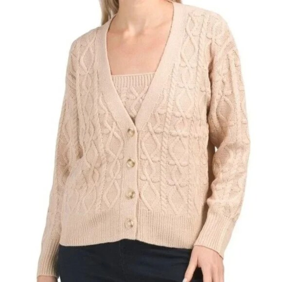Heartloom Womens Medium Beige Oversized Boho Cable Knit Cozy Sweater Cardigan - Picture 2 of 5